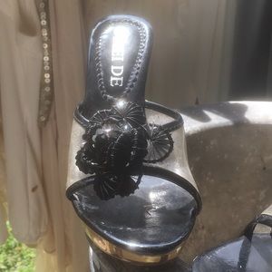 Size 34  black Gold & Clear Lucite Planform heels